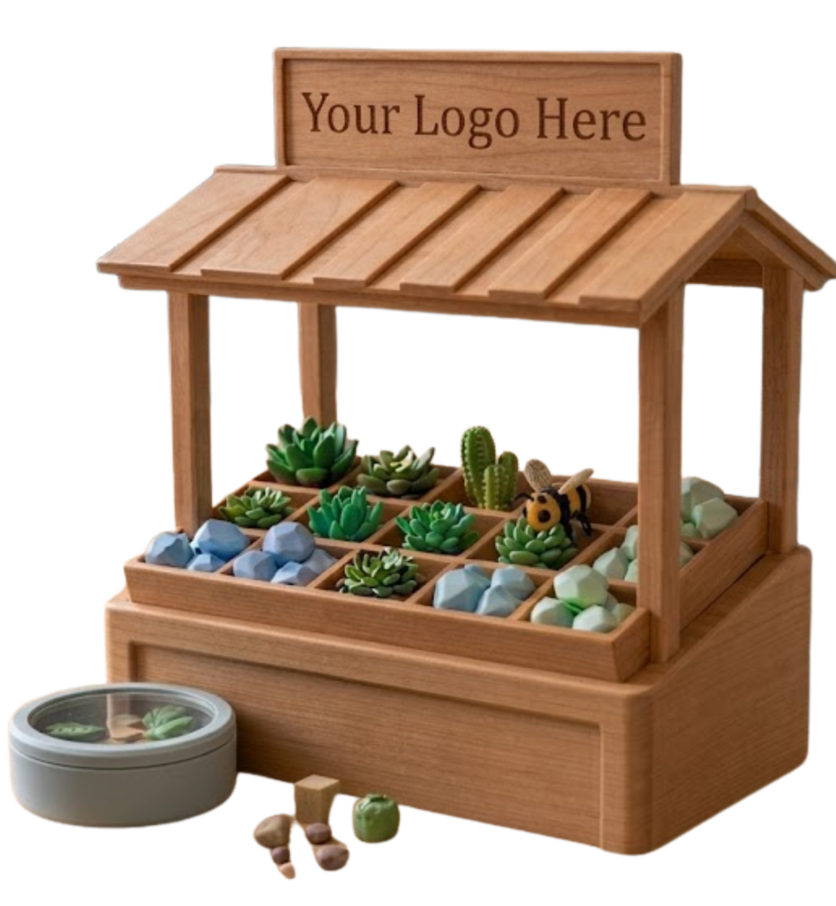 Mini World Activation, a custom branded wooden market stall display with succulents