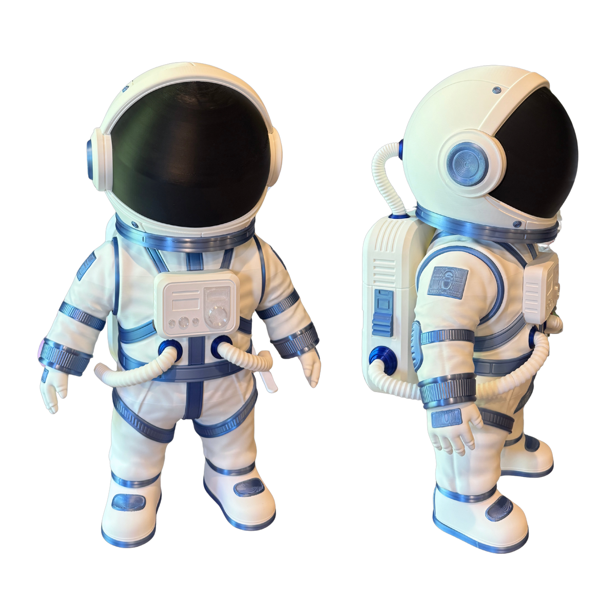 23 inch 3D-printed astronaut, front and side views