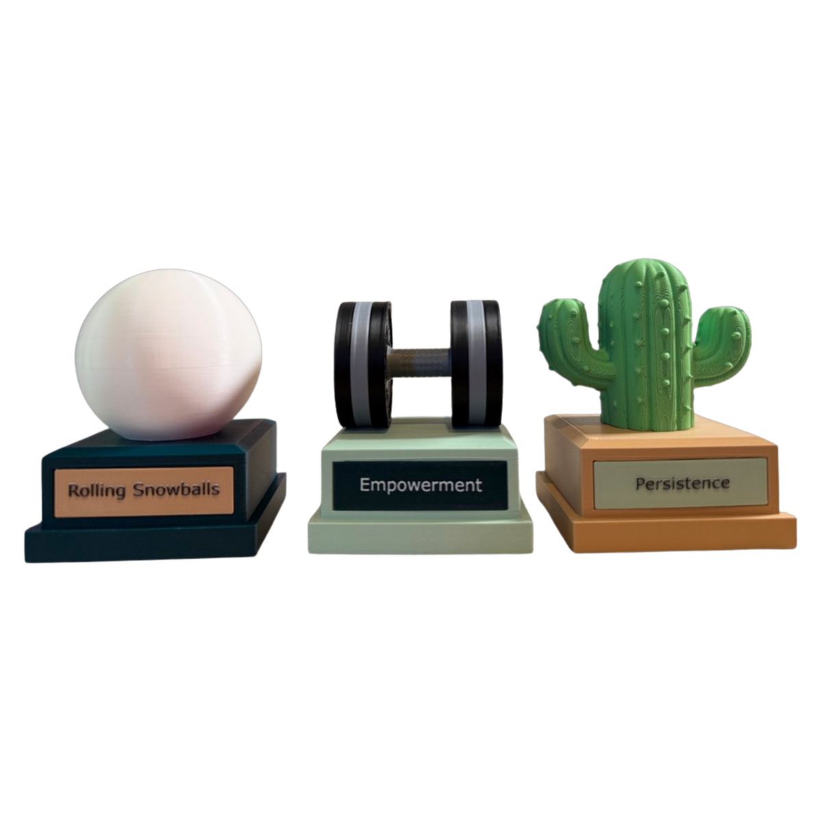 Three custom 3D-printed award trophies with personalized toppers, nameplates, and NFC tags