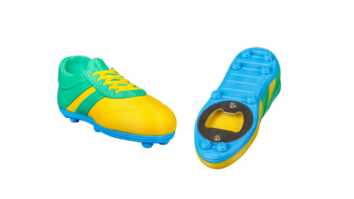 Yellow, green, and blue 3D-printed soccer cleat bottle opener showing exterior and bottle opener insert on the sole.