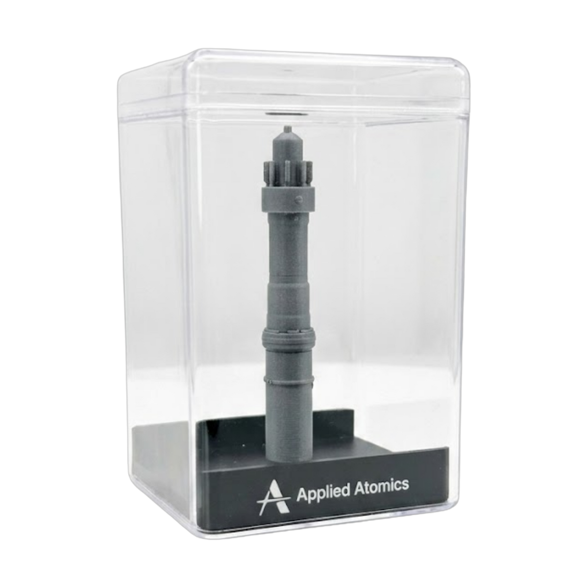Custom 3D-printed display piece in a clear case on a branded base