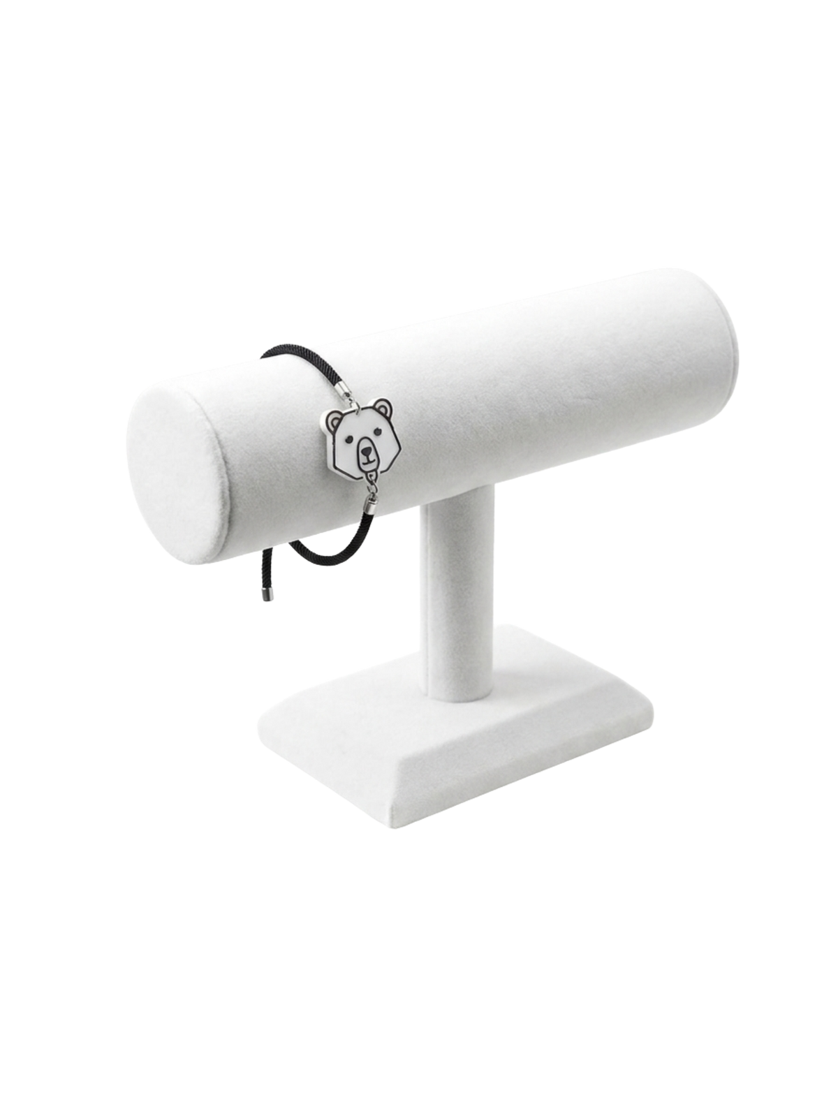 Custom NFC Bracelet with a branded bear charm on an adjustable cord, on a display stand