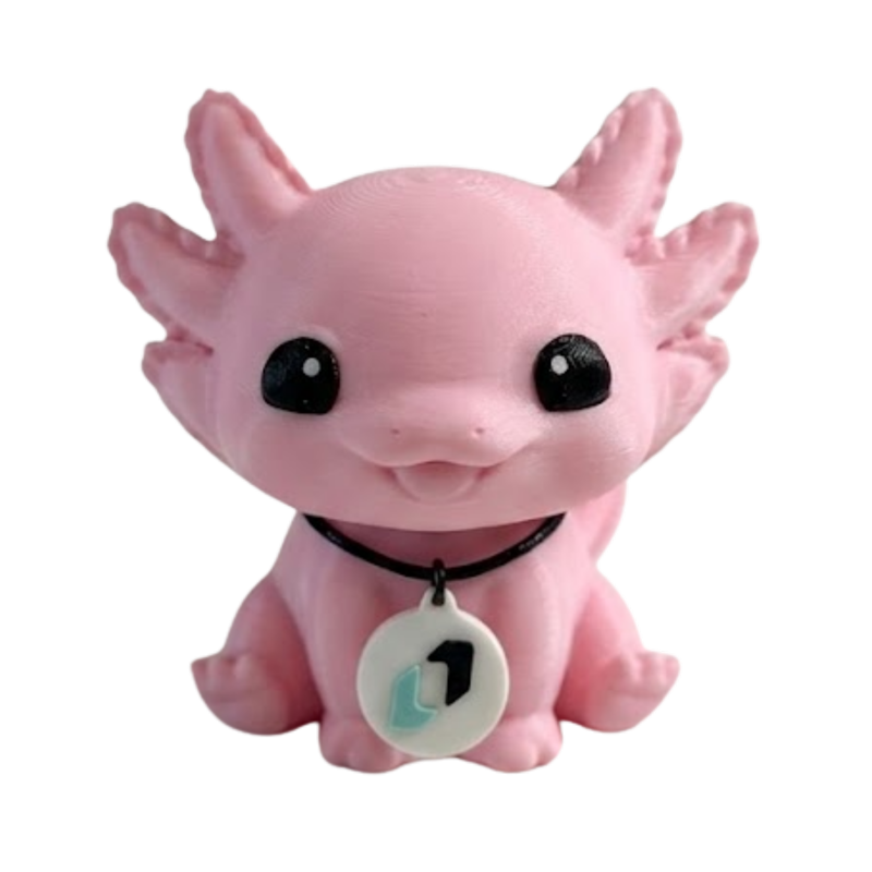 Custom Desk Buddy, 3D-printed axolotl desk figurine wearing a necklace with a logo charm