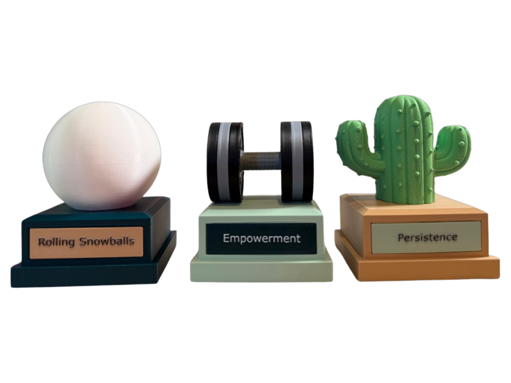Custom 3D-printed award trophies with personalized topper, nameplate, and NFC tag