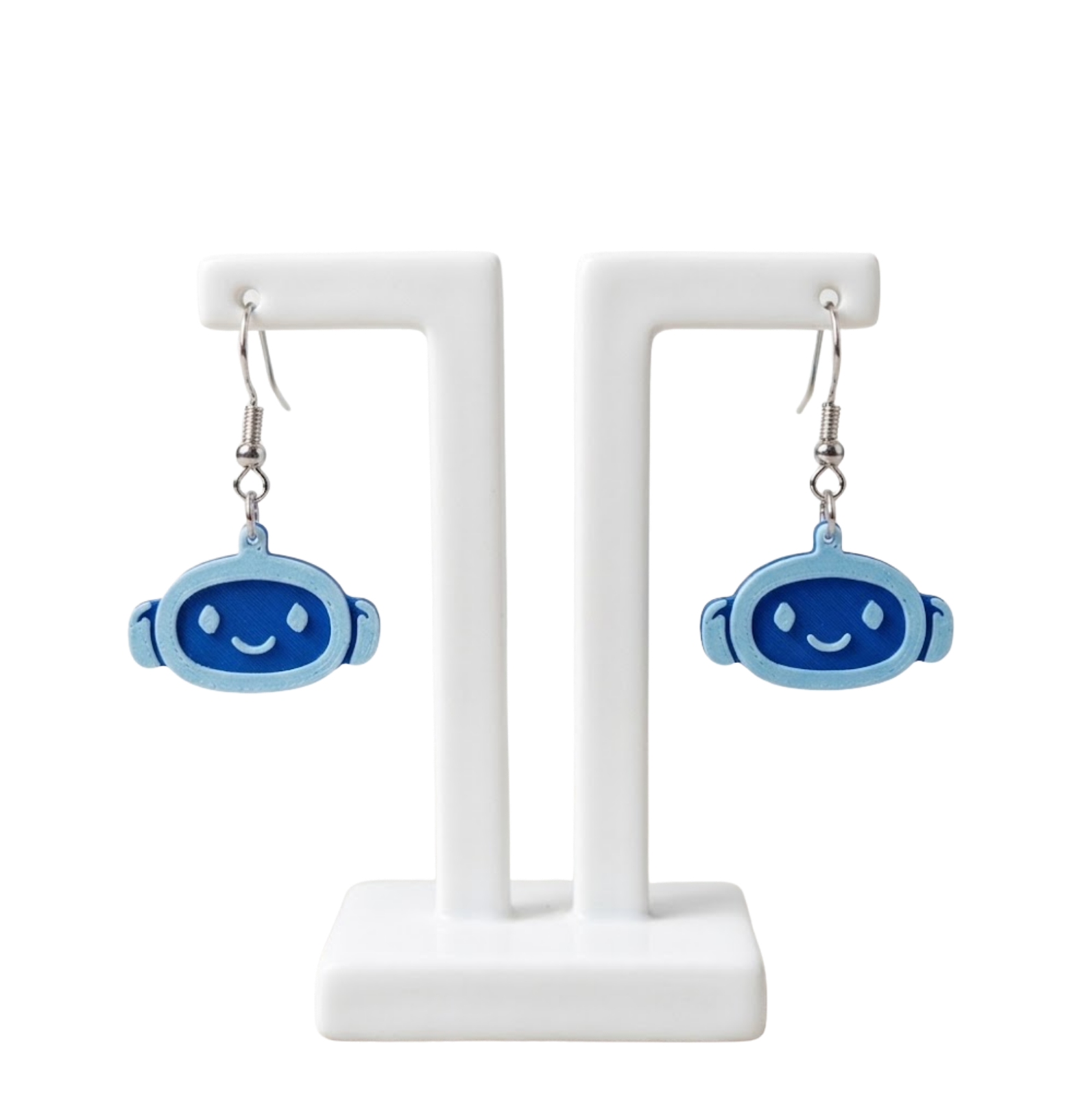 Earrings, two-tone blue robot-face 3D-printed dangle earrings with sterling silver hooks